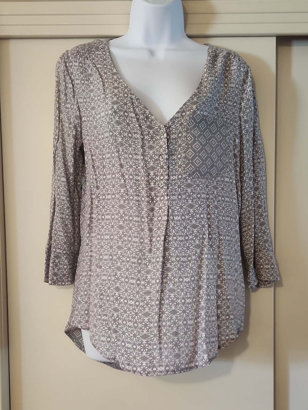 Fred David Taupe Printed Button-Down V-Neck Blouse